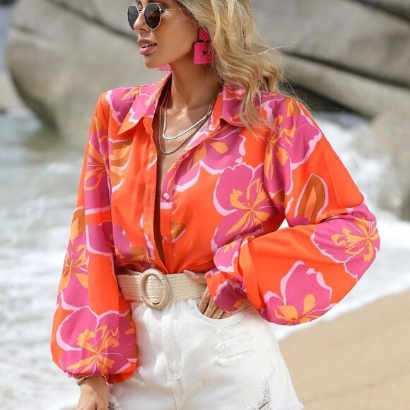 Orange Boho Womens Floral Print Lantern Sleeve Shirt - Picture 5 of 5